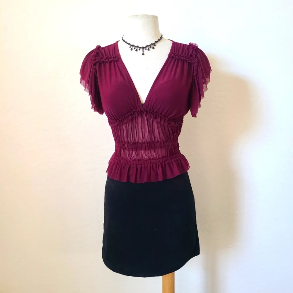 💜2 for 25$ Purple/Maroon Sheer Crop Top Blouse With Ruffles NWT,  Boho, Bold - Picture 3 of 7
